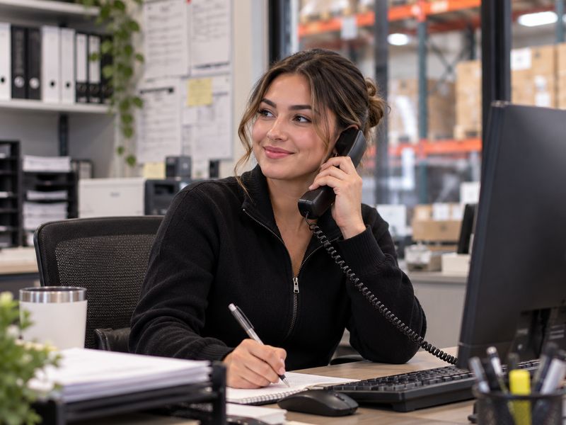 Friendly office assistant answering the phone