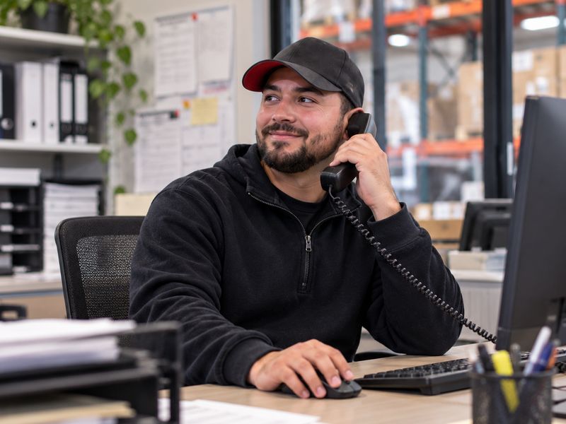 Dispatcher on the phone in a warehouse office