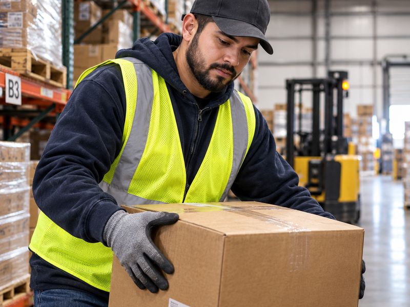 Warehouse worker in a safety vest carrying a box