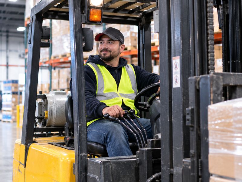Forklift operator in a busy warehouse