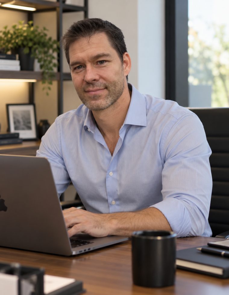 Ron Sharbino, owner of RG Staffing, at his desk in the Lewisville office